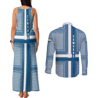 Comoros Couples Matching Tank Maxi Dress and Long Sleeve Button Shirt with Blue and White Traditional Geometric Pattern and National Flag Detail