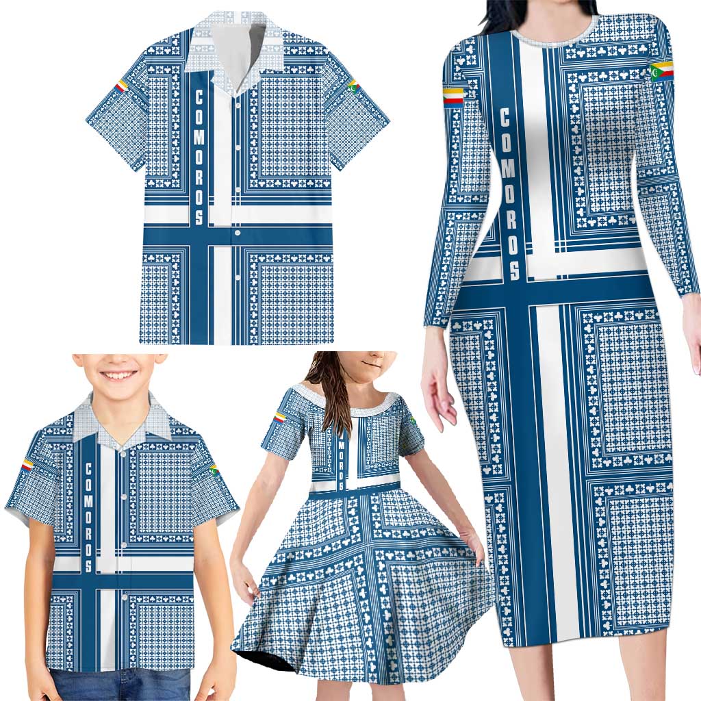 Comoros Family Matching Long Sleeve Bodycon Dress and Hawaiian Shirt with Blue and White Traditional Geometric Pattern and National Flag Detail