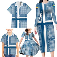 Comoros Family Matching Long Sleeve Bodycon Dress and Hawaiian Shirt with Blue and White Traditional Geometric Pattern and National Flag Detail