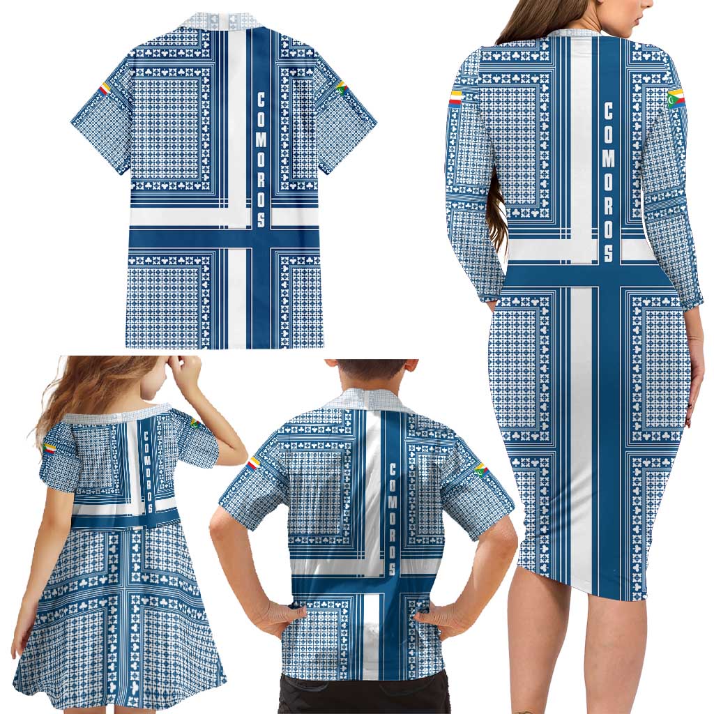 Comoros Family Matching Long Sleeve Bodycon Dress and Hawaiian Shirt with Blue and White Traditional Geometric Pattern and National Flag Detail