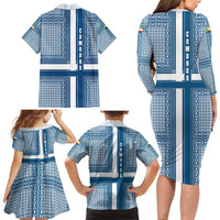 Comoros Family Matching Long Sleeve Bodycon Dress and Hawaiian Shirt with Blue and White Traditional Geometric Pattern and National Flag Detail