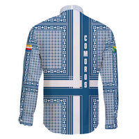 Comoros Family Matching Long Sleeve Bodycon Dress and Hawaiian Shirt with Blue and White Traditional Geometric Pattern and National Flag Detail