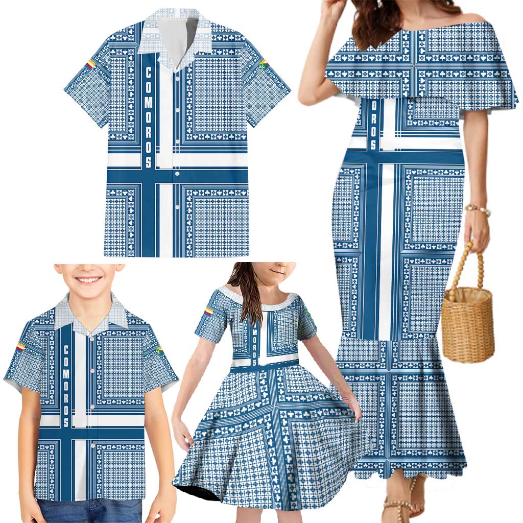 Comoros Family Matching Mermaid Dress and Hawaiian Shirt with Blue and White Traditional Geometric Pattern and National Flag Detail