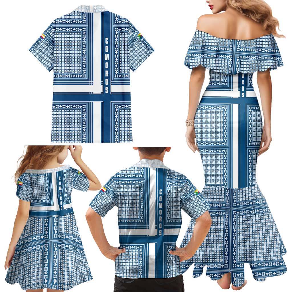 Comoros Family Matching Mermaid Dress and Hawaiian Shirt with Blue and White Traditional Geometric Pattern and National Flag Detail