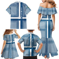 Comoros Family Matching Mermaid Dress and Hawaiian Shirt with Blue and White Traditional Geometric Pattern and National Flag Detail