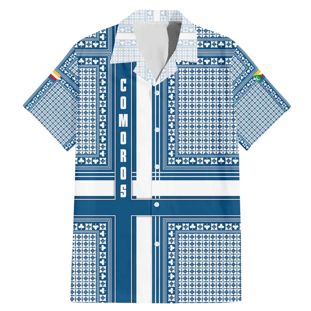 Comoros Family Matching Mermaid Dress and Hawaiian Shirt with Blue and White Traditional Geometric Pattern and National Flag Detail