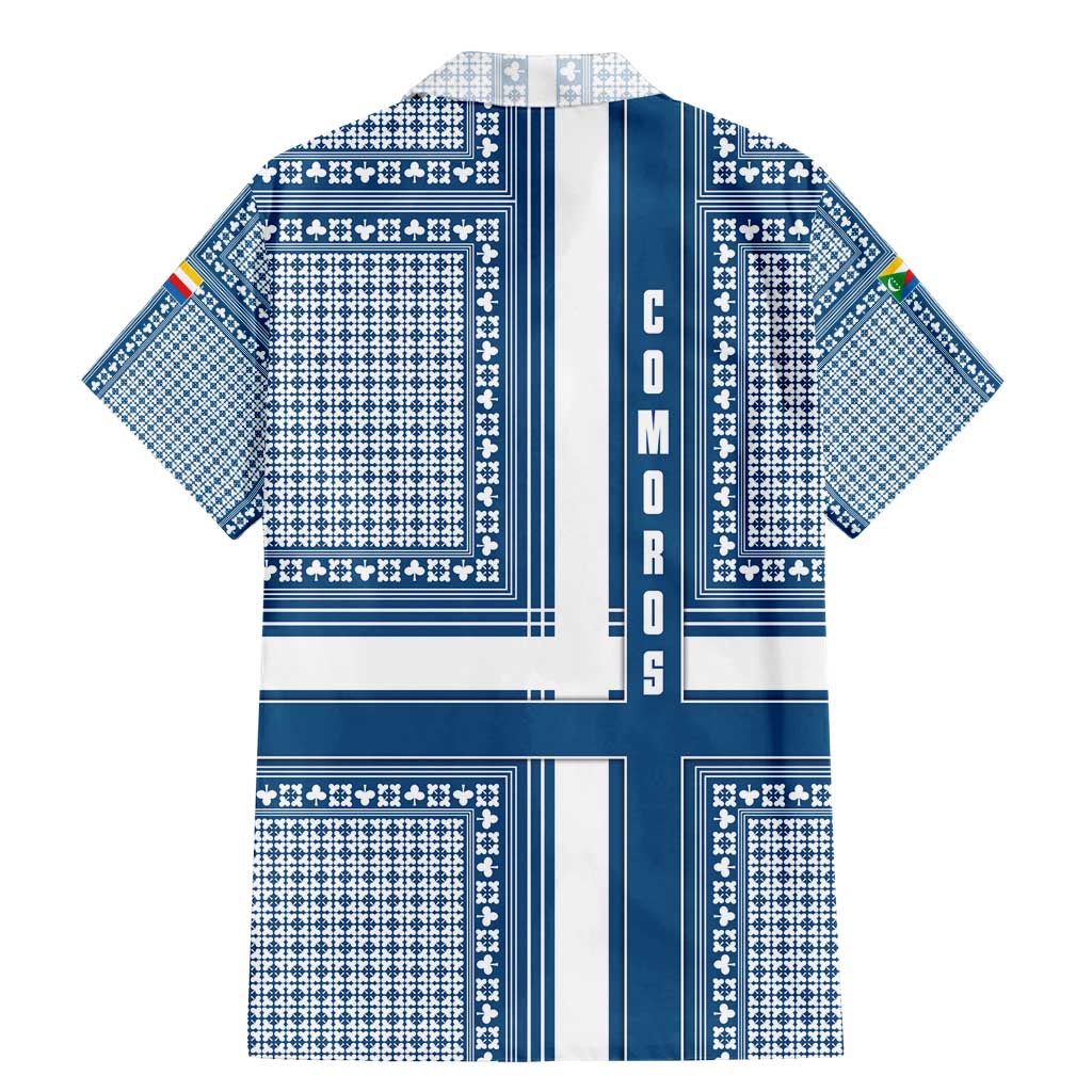 Comoros Family Matching Mermaid Dress and Hawaiian Shirt with Blue and White Traditional Geometric Pattern and National Flag Detail