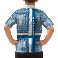 Comoros Family Matching Off The Shoulder Long Sleeve Dress and Hawaiian Shirt with Blue and White Traditional Geometric Pattern and National Flag Detail