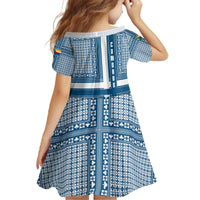 Comoros Family Matching Off The Shoulder Long Sleeve Dress and Hawaiian Shirt with Blue and White Traditional Geometric Pattern and National Flag Detail