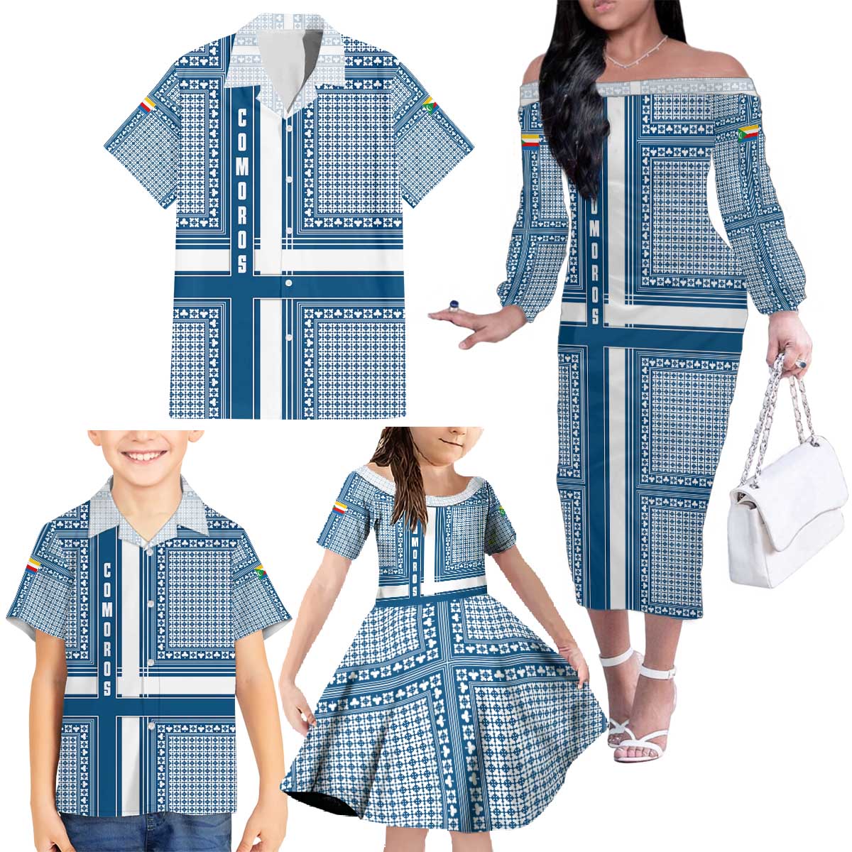 Comoros Family Matching Off The Shoulder Long Sleeve Dress and Hawaiian Shirt with Blue and White Traditional Geometric Pattern and National Flag Detail