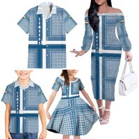 Comoros Family Matching Off The Shoulder Long Sleeve Dress and Hawaiian Shirt with Blue and White Traditional Geometric Pattern and National Flag Detail