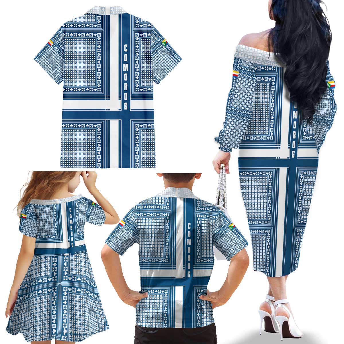Comoros Family Matching Off The Shoulder Long Sleeve Dress and Hawaiian Shirt with Blue and White Traditional Geometric Pattern and National Flag Detail