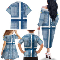 Comoros Family Matching Off The Shoulder Long Sleeve Dress and Hawaiian Shirt with Blue and White Traditional Geometric Pattern and National Flag Detail