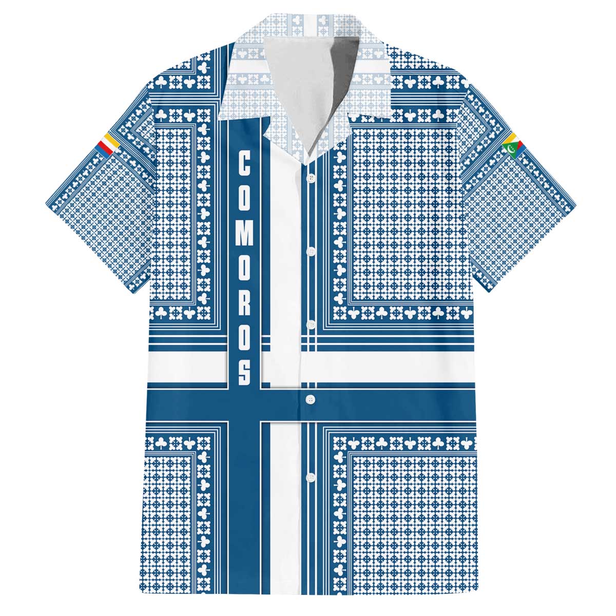 Comoros Family Matching Off The Shoulder Long Sleeve Dress and Hawaiian Shirt with Blue and White Traditional Geometric Pattern and National Flag Detail