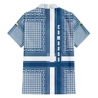 Comoros Family Matching Off The Shoulder Long Sleeve Dress and Hawaiian Shirt with Blue and White Traditional Geometric Pattern and National Flag Detail