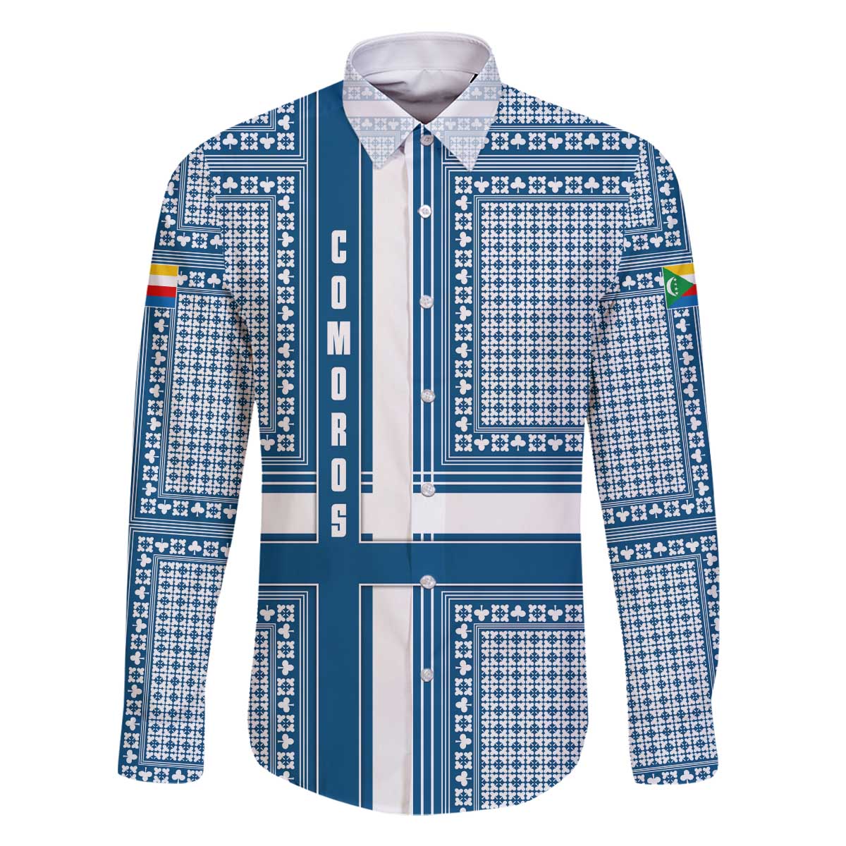 Comoros Family Matching Off The Shoulder Long Sleeve Dress and Hawaiian Shirt with Blue and White Traditional Geometric Pattern and National Flag Detail