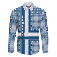 Comoros Family Matching Off The Shoulder Long Sleeve Dress and Hawaiian Shirt with Blue and White Traditional Geometric Pattern and National Flag Detail