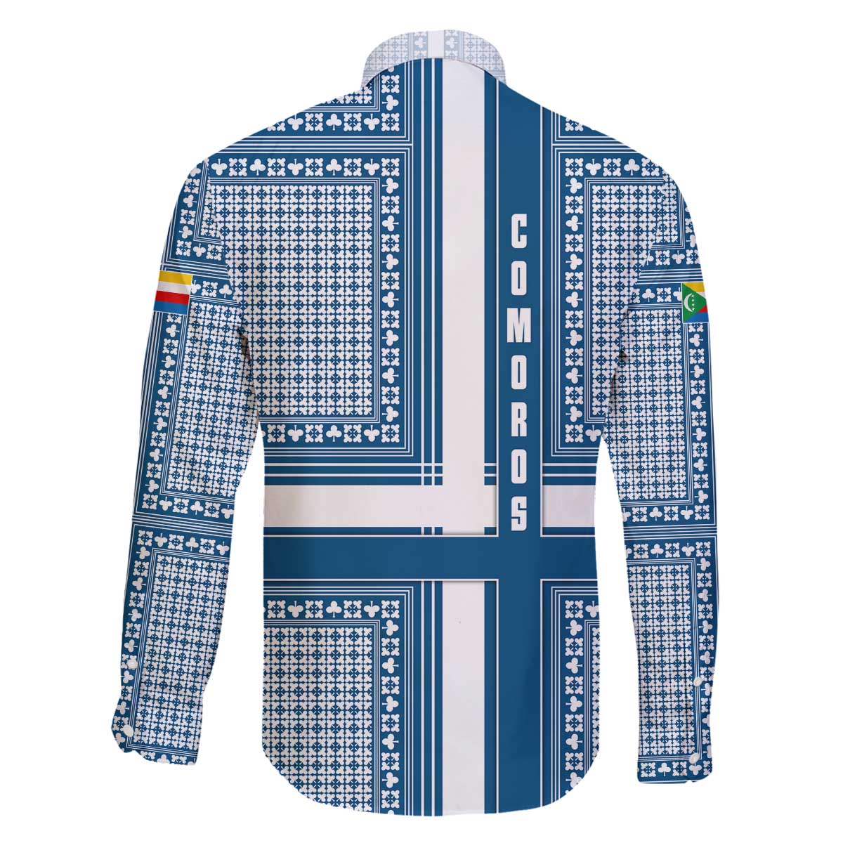 Comoros Family Matching Off The Shoulder Long Sleeve Dress and Hawaiian Shirt with Blue and White Traditional Geometric Pattern and National Flag Detail
