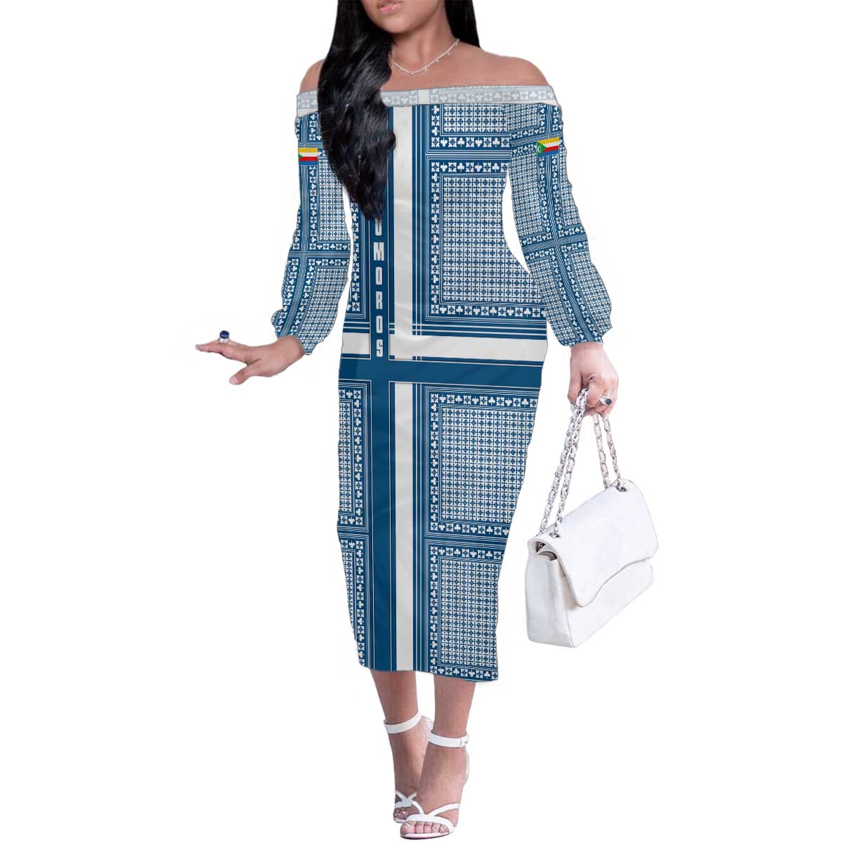 Comoros Family Matching Off The Shoulder Long Sleeve Dress and Hawaiian Shirt with Blue and White Traditional Geometric Pattern and National Flag Detail