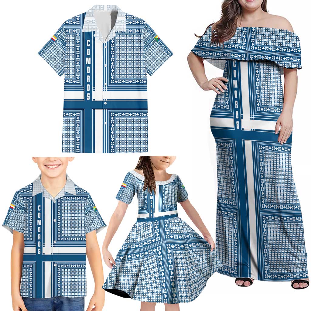 Comoros Family Matching Off Shoulder Maxi Dress and Hawaiian Shirt with Blue and White Traditional Geometric Pattern and National Flag Detail
