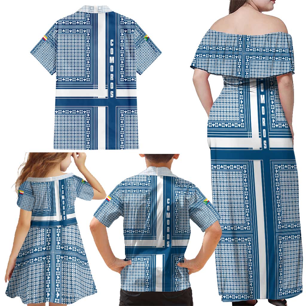 Comoros Family Matching Off Shoulder Maxi Dress and Hawaiian Shirt with Blue and White Traditional Geometric Pattern and National Flag Detail