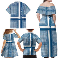 Comoros Family Matching Off Shoulder Maxi Dress and Hawaiian Shirt with Blue and White Traditional Geometric Pattern and National Flag Detail
