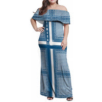 Comoros Family Matching Off Shoulder Maxi Dress and Hawaiian Shirt with Blue and White Traditional Geometric Pattern and National Flag Detail