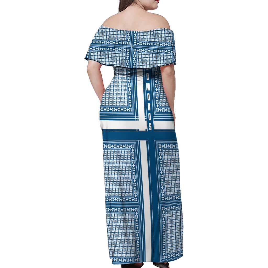 Comoros Family Matching Off Shoulder Maxi Dress and Hawaiian Shirt with Blue and White Traditional Geometric Pattern and National Flag Detail