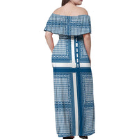 Comoros Family Matching Off Shoulder Maxi Dress and Hawaiian Shirt with Blue and White Traditional Geometric Pattern and National Flag Detail