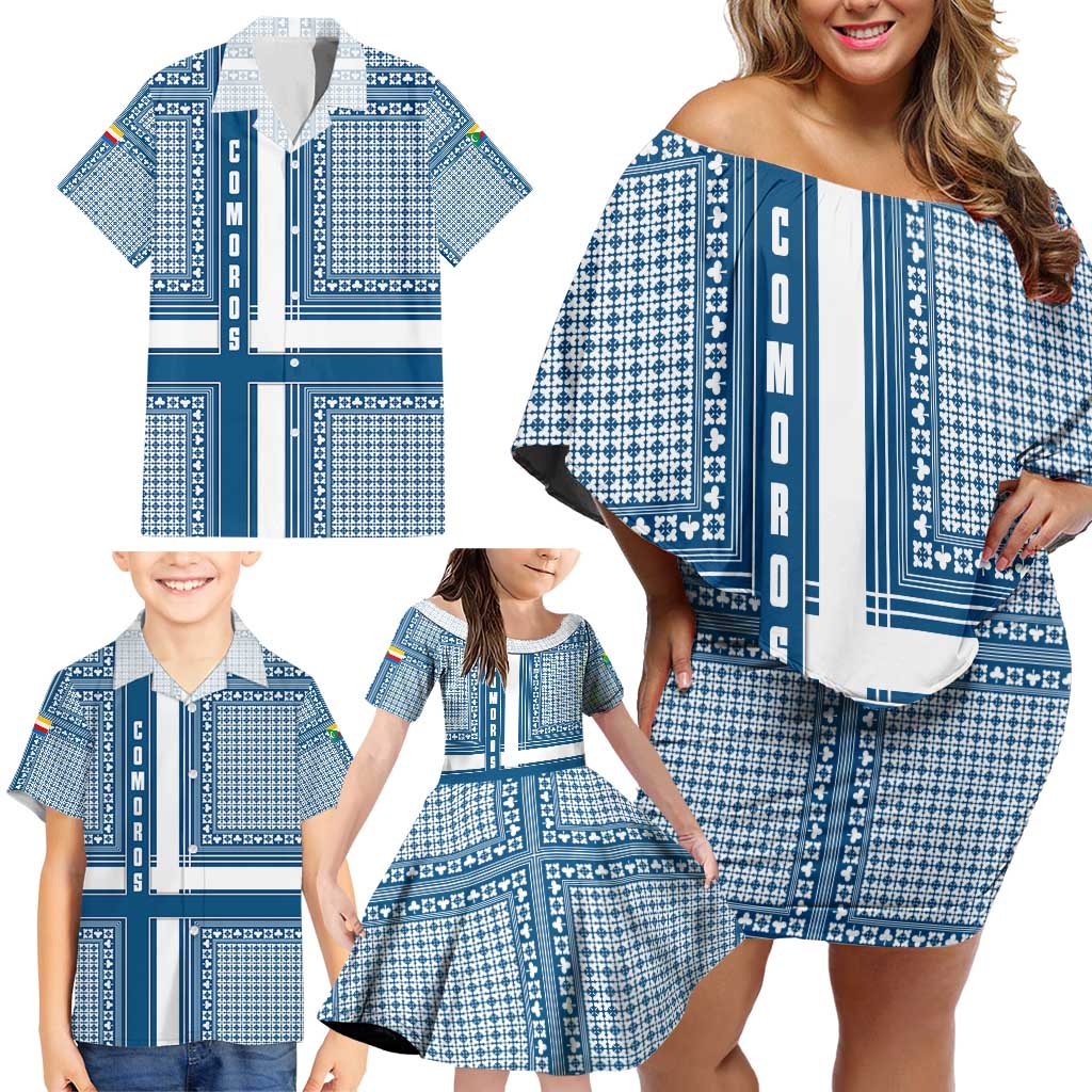 Comoros Family Matching Off Shoulder Short Dress and Hawaiian Shirt with Blue and White Traditional Geometric Pattern and National Flag Detail