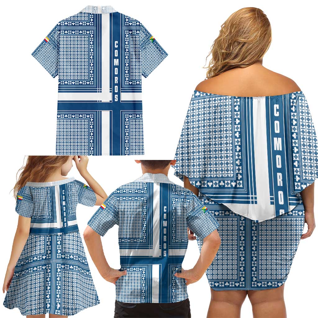 Comoros Family Matching Off Shoulder Short Dress and Hawaiian Shirt with Blue and White Traditional Geometric Pattern and National Flag Detail