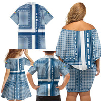 Comoros Family Matching Off Shoulder Short Dress and Hawaiian Shirt with Blue and White Traditional Geometric Pattern and National Flag Detail