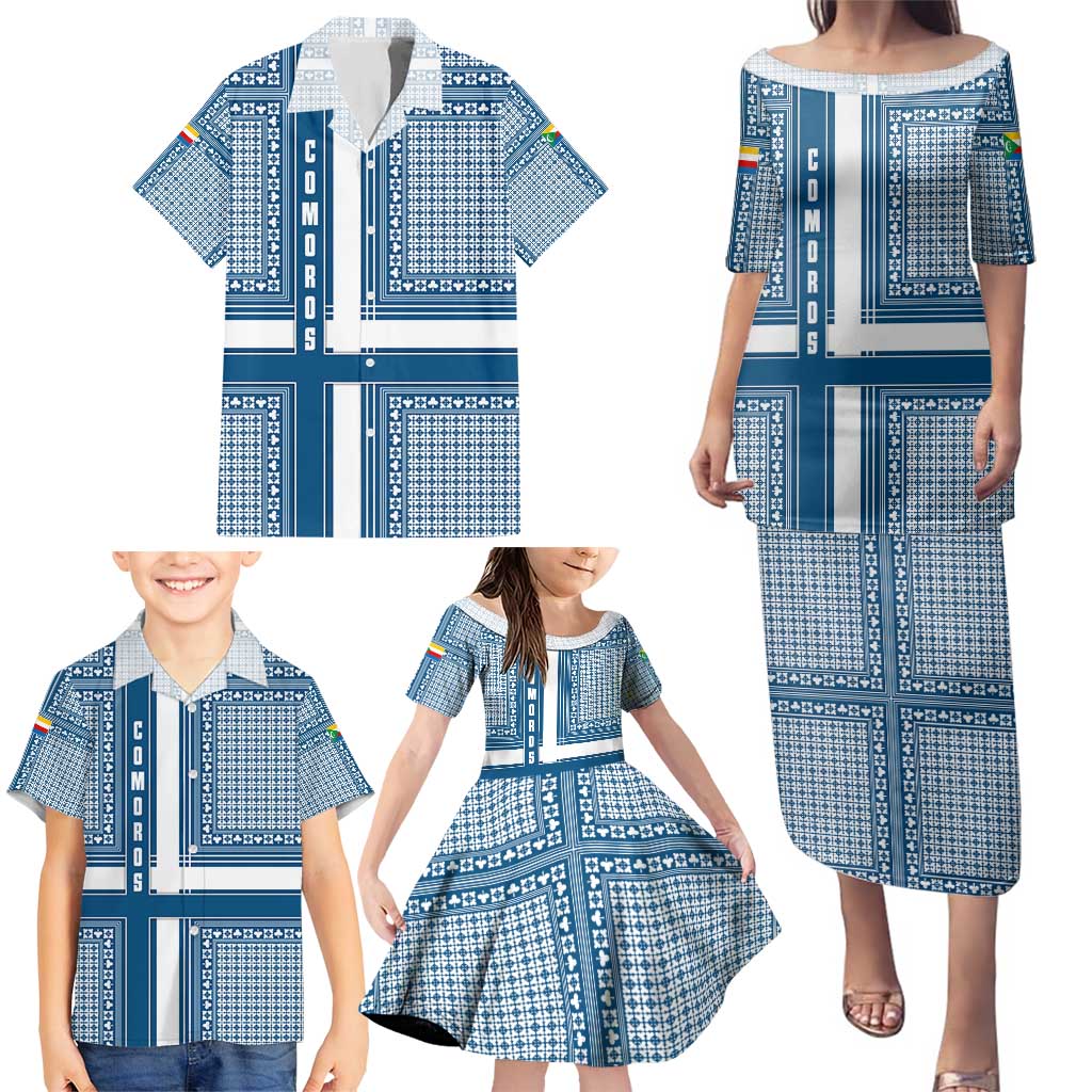 Comoros Family Matching Puletasi and Hawaiian Shirt with Blue and White Traditional Geometric Pattern and National Flag Detail