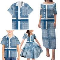 Comoros Family Matching Puletasi and Hawaiian Shirt with Blue and White Traditional Geometric Pattern and National Flag Detail