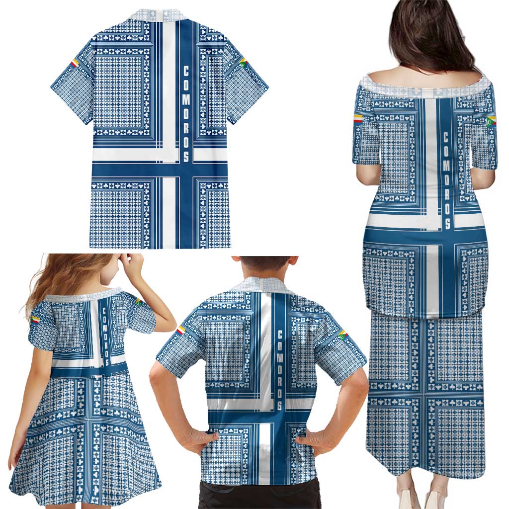 Comoros Family Matching Puletasi and Hawaiian Shirt with Blue and White Traditional Geometric Pattern and National Flag Detail