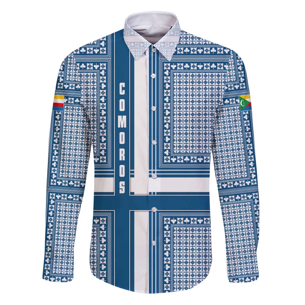 Comoros Family Matching Puletasi and Hawaiian Shirt with Blue and White Traditional Geometric Pattern and National Flag Detail