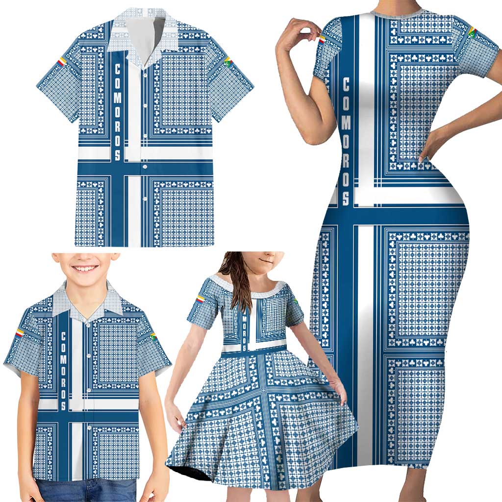 Comoros Family Matching Short Sleeve Bodycon Dress and Hawaiian Shirt with Blue and White Traditional Geometric Pattern and National Flag Detail