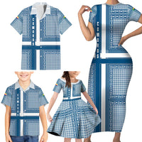 Comoros Family Matching Short Sleeve Bodycon Dress and Hawaiian Shirt with Blue and White Traditional Geometric Pattern and National Flag Detail