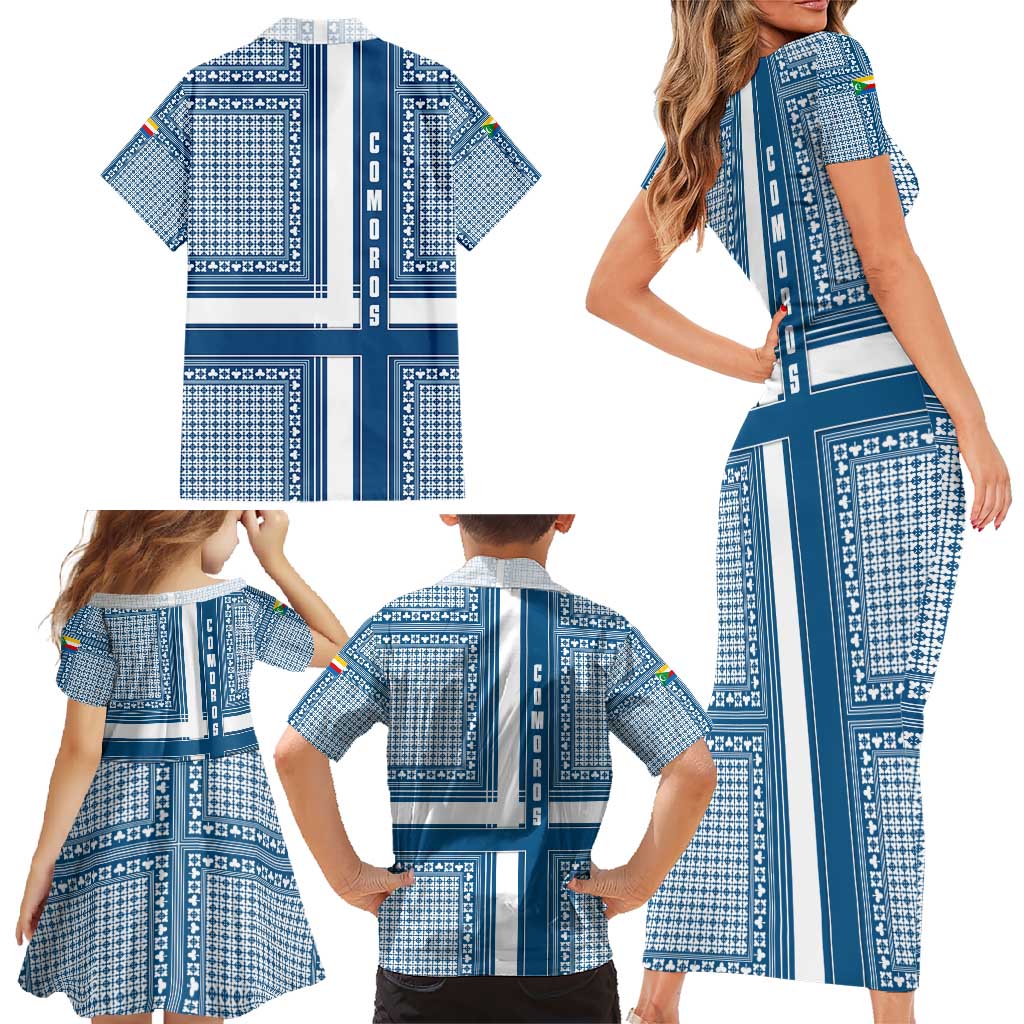 Comoros Family Matching Short Sleeve Bodycon Dress and Hawaiian Shirt with Blue and White Traditional Geometric Pattern and National Flag Detail