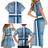 Comoros Family Matching Short Sleeve Bodycon Dress and Hawaiian Shirt with Blue and White Traditional Geometric Pattern and National Flag Detail