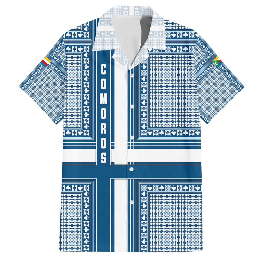 Comoros Family Matching Short Sleeve Bodycon Dress and Hawaiian Shirt with Blue and White Traditional Geometric Pattern and National Flag Detail