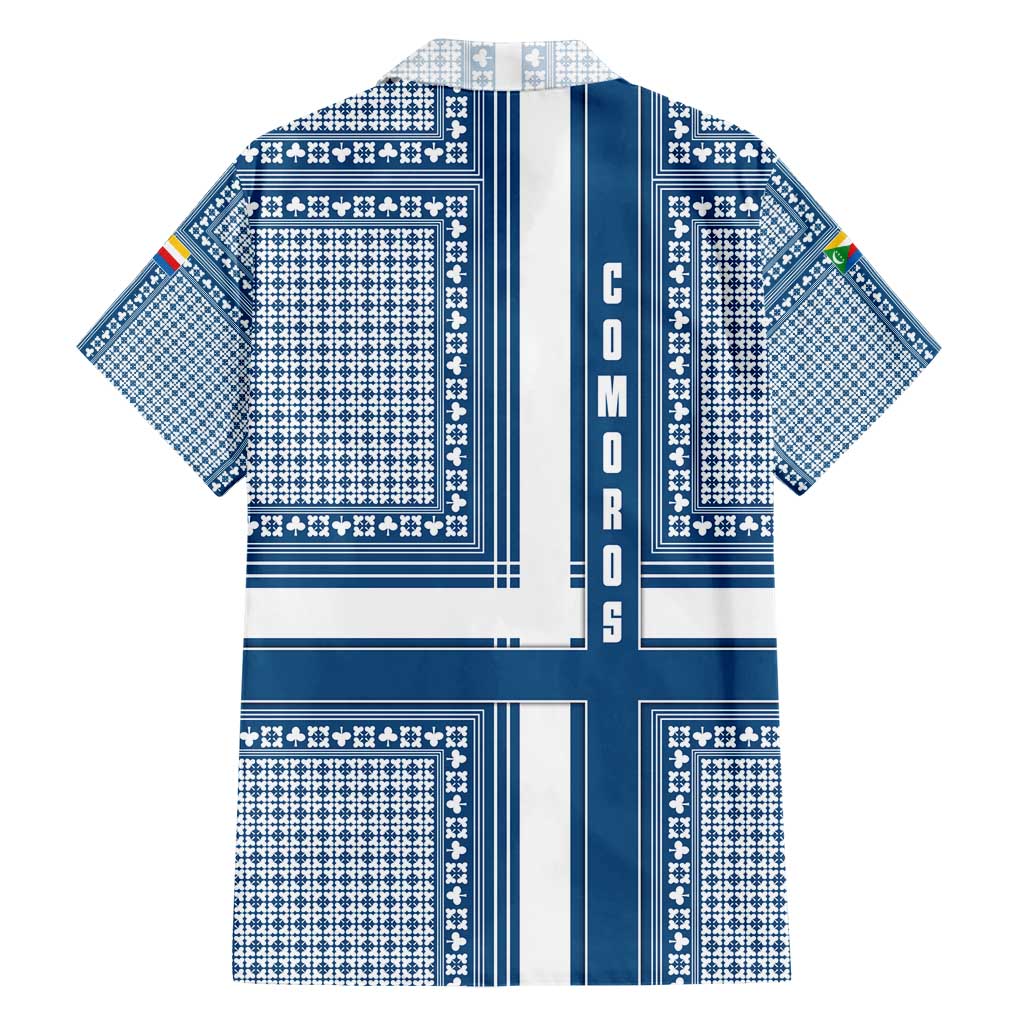 Comoros Family Matching Short Sleeve Bodycon Dress and Hawaiian Shirt with Blue and White Traditional Geometric Pattern and National Flag Detail