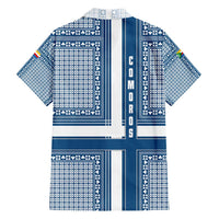Comoros Family Matching Short Sleeve Bodycon Dress and Hawaiian Shirt with Blue and White Traditional Geometric Pattern and National Flag Detail