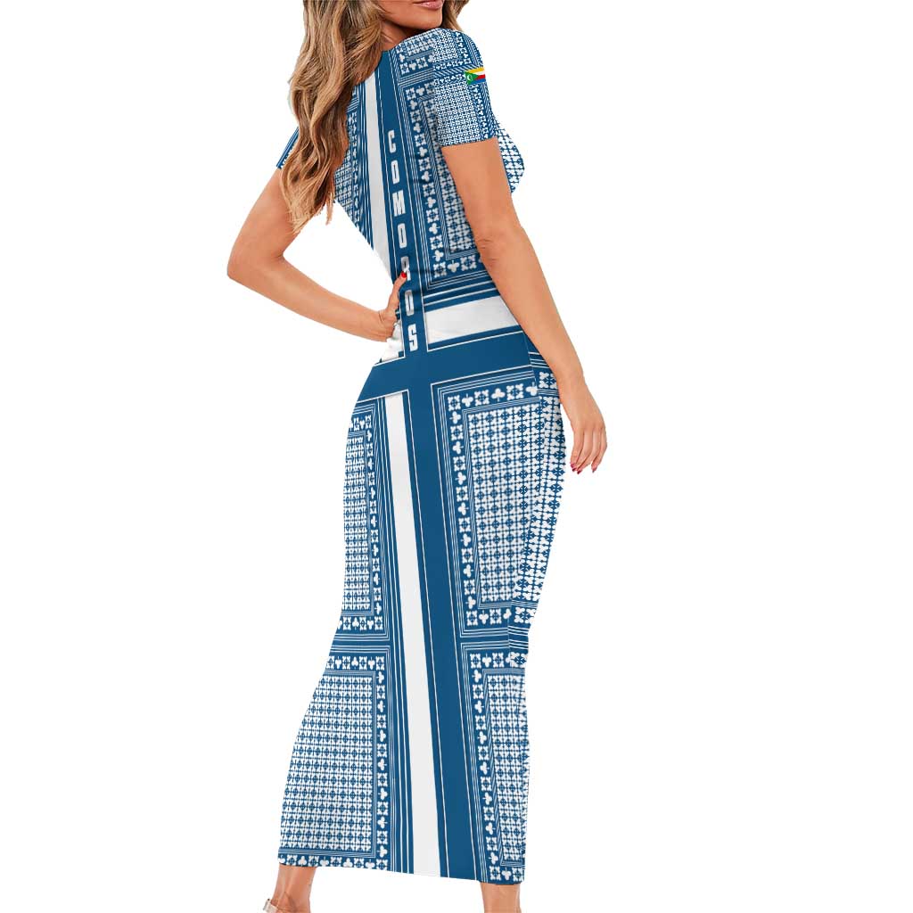 Comoros Family Matching Short Sleeve Bodycon Dress and Hawaiian Shirt with Blue and White Traditional Geometric Pattern and National Flag Detail