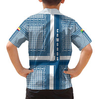 Comoros Family Matching Summer Maxi Dress and Hawaiian Shirt with Blue and White Traditional Geometric Pattern and National Flag Detail