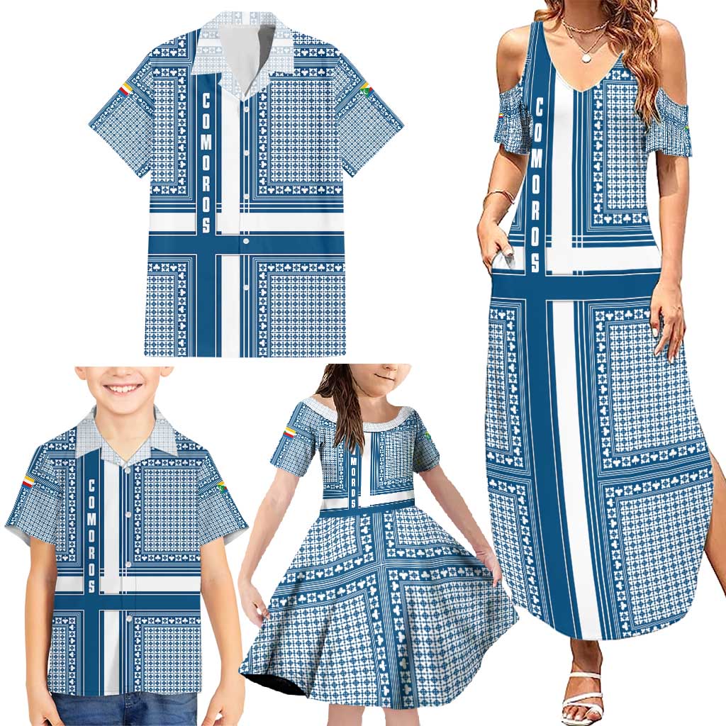 Comoros Family Matching Summer Maxi Dress and Hawaiian Shirt with Blue and White Traditional Geometric Pattern and National Flag Detail