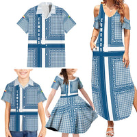 Comoros Family Matching Summer Maxi Dress and Hawaiian Shirt with Blue and White Traditional Geometric Pattern and National Flag Detail