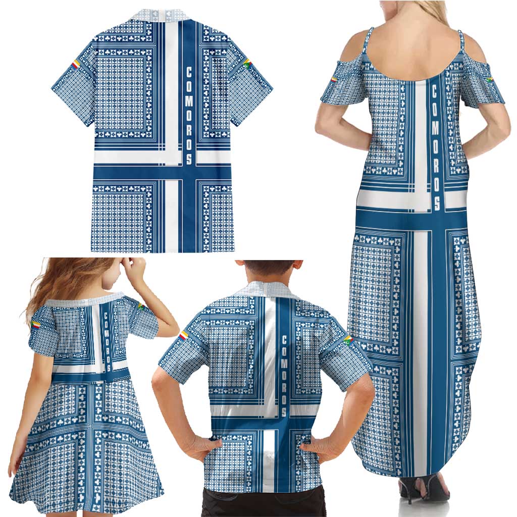 Comoros Family Matching Summer Maxi Dress and Hawaiian Shirt with Blue and White Traditional Geometric Pattern and National Flag Detail