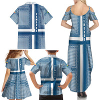 Comoros Family Matching Summer Maxi Dress and Hawaiian Shirt with Blue and White Traditional Geometric Pattern and National Flag Detail