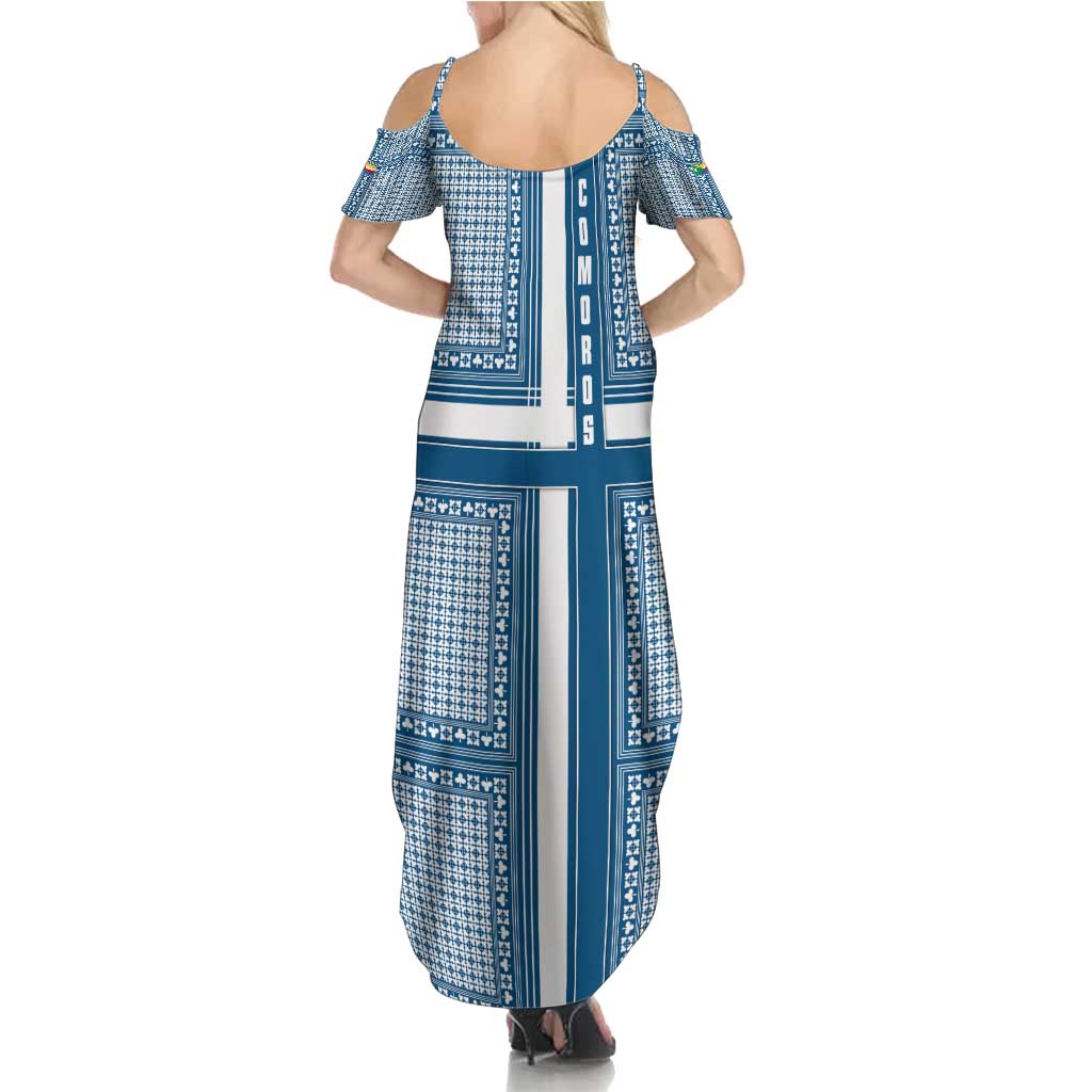 Comoros Family Matching Summer Maxi Dress and Hawaiian Shirt with Blue and White Traditional Geometric Pattern and National Flag Detail